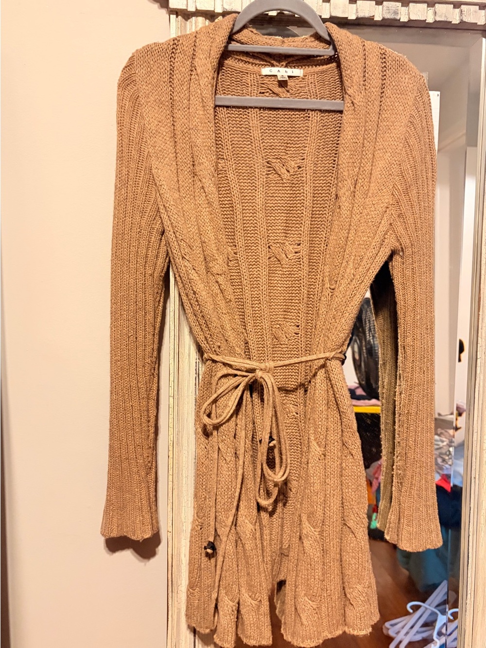 CAbi Camel Knit Belted Cardigan